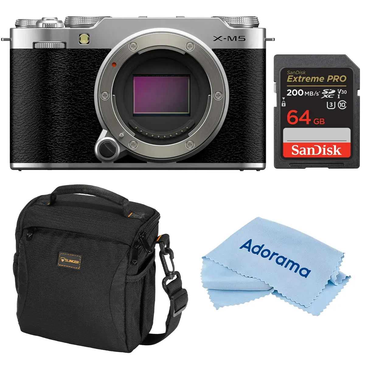 Fujifilm X-M5 Mirrorless Camera, Silver, Bundle with 64GB Memory Card, Camera Case