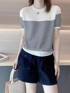 Classic Nautical Striped Ice Silk Top, Minimalist Slim-Fitting Shirt, Women's Fashion, Casual Wear, Made in China