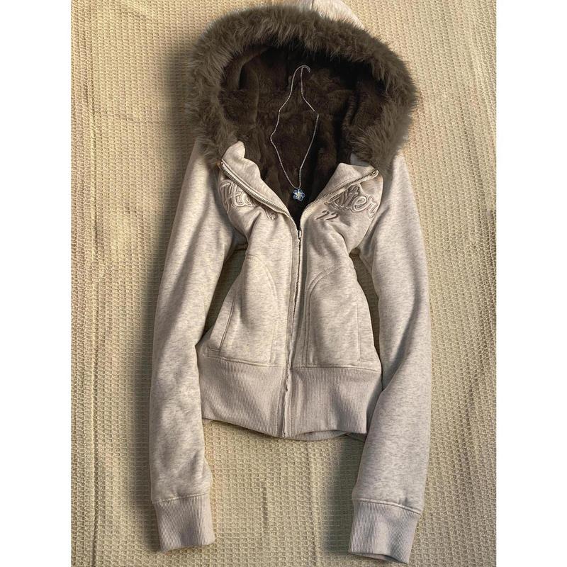 Y2k Aesthetic Vintage Fur Patchwork Hoodies Autumn Grunge Letter Embroidery Hoody Streetwear Cropped Zipper Sweatshirt Jackets