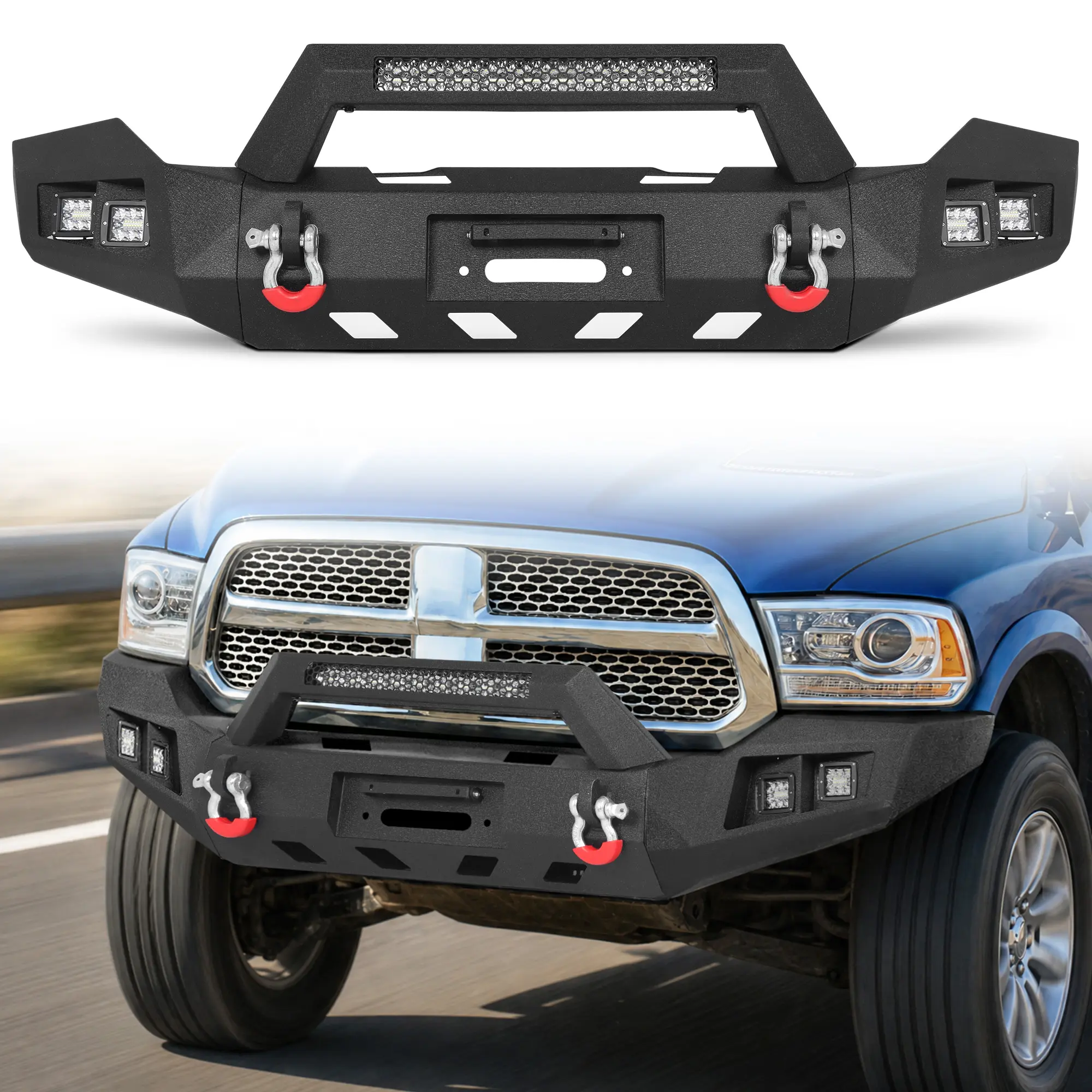 MONOKING  Front Bumper for 2013-2018 Ram 1500 and 2019-2023 Ram 1500 Classic Excluding Rebel, Winch Plate, 144W Light Bar and D-Rings