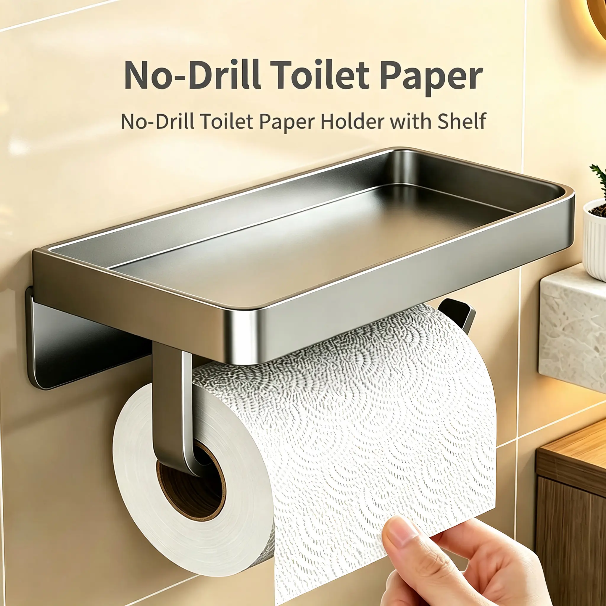 Carbon Steel Wall-Mount 2-in-1 Bathroom Tissue Roll Holder & Storage Rack, No-Drill Waterproof Minimalist Contemporary Practical Roll Holder Toilet Accessories