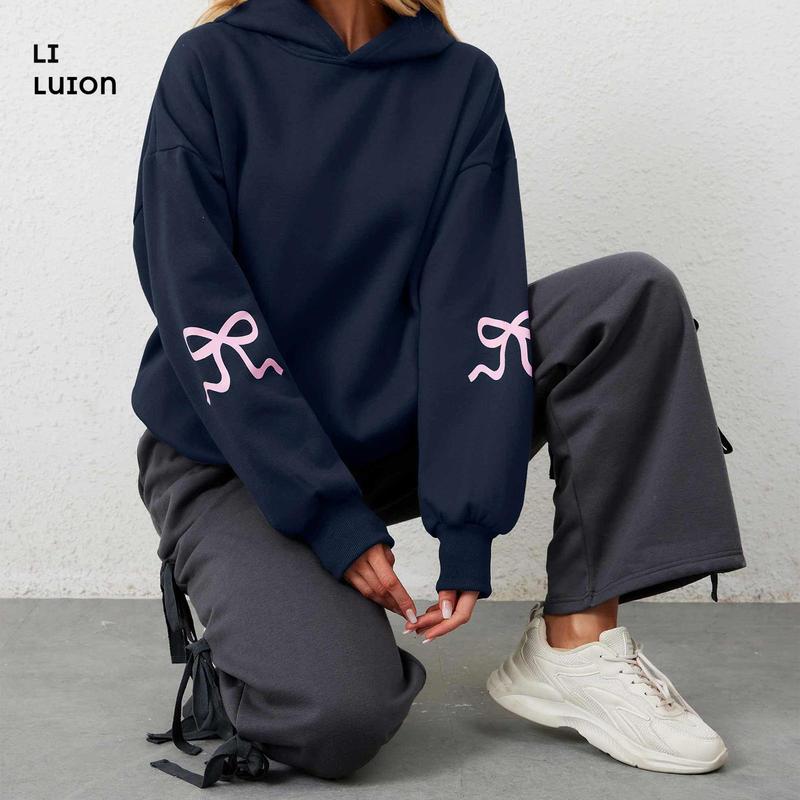 Women's Bow Print Hoodies Oversized Long Sleeve Hooded Sweatshirts Graphic Drop Shoulder Pullover Tops Y2K Clothing