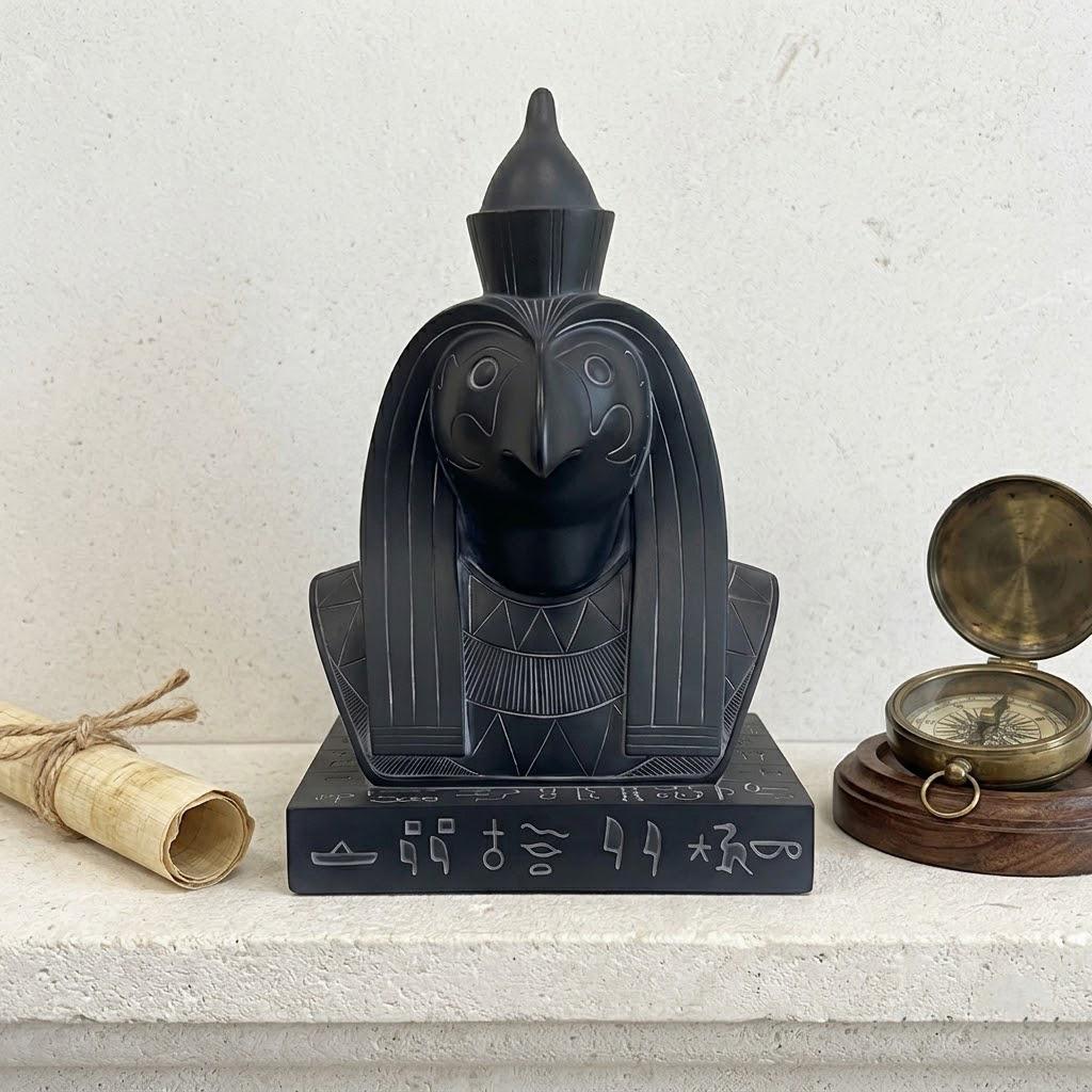 Ancient Egyptian Horus Falcon God Bust - Black Resin Pharaoh Horus Statue with Hieroglyphic Base | Mythological Sky God Sculpture for Executive Office, Library, Study | Premium Egyptian Protector Collectible Gift