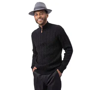 Men’s Black Quarter-Zip Cable Knit Sweater by Montique
