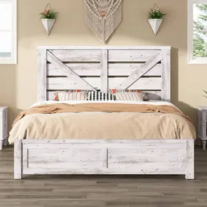Farmhouse Platform Bed Frame With 49.2" Barn Door Headboard, Wood Slats, Under-Bed Storage, Easy Assembly, No Noise, Distressed Finish