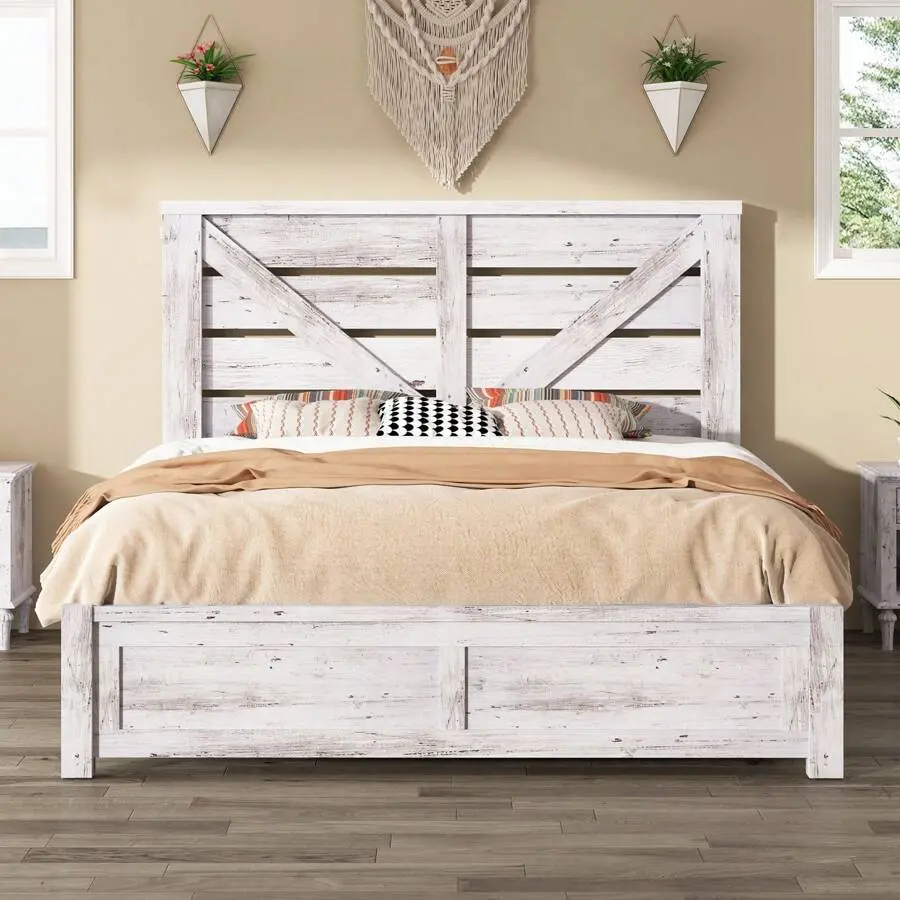 Farmhouse Platform Bed Frame With 49.2" Barn Door Headboard, Wood Slats, Under-Bed Storage, Easy Assembly, No Noise, Distressed Finish Primed "T" Style DIY