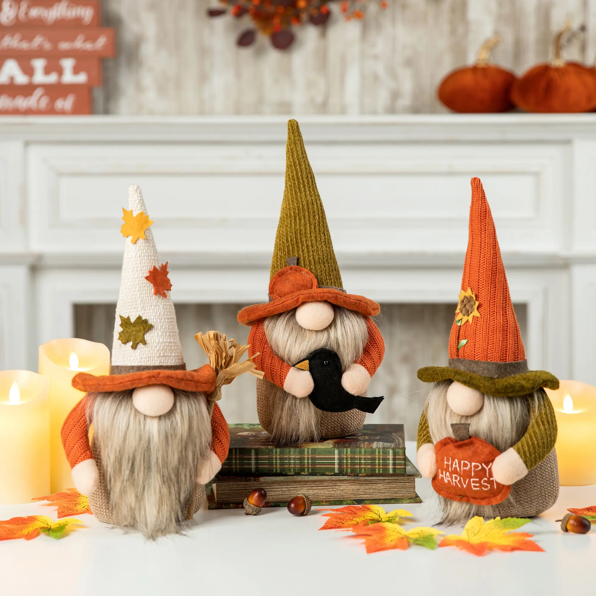 Glitzhome Set of 3 13"H Harvest Fabric Gnomes, Modern Festive Decor with Fluffy Beard & Adorable Look, Room Ornaments