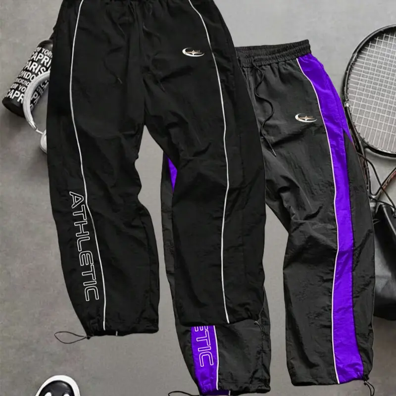 Men's Fashion Casual Sportswear Pants, Unique Print, Taslon Fabric, Lightweight Breathable, Side Stripes, Drawstring Waist, Adjustable Elastic Cuffs, Athletic Running Pants, Casual Comfy Sporty