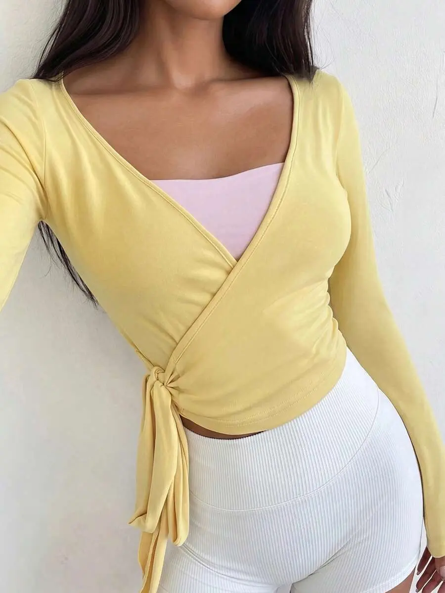 OFFGIRD x FavEase Women's Pale Yellow Summer Casual Brunch Yoga Fitness Sports Wrap Tie-V Neck Long Sleeve Cropped Tight T-Shirt,Highly Elastic Soft Basic Essentials