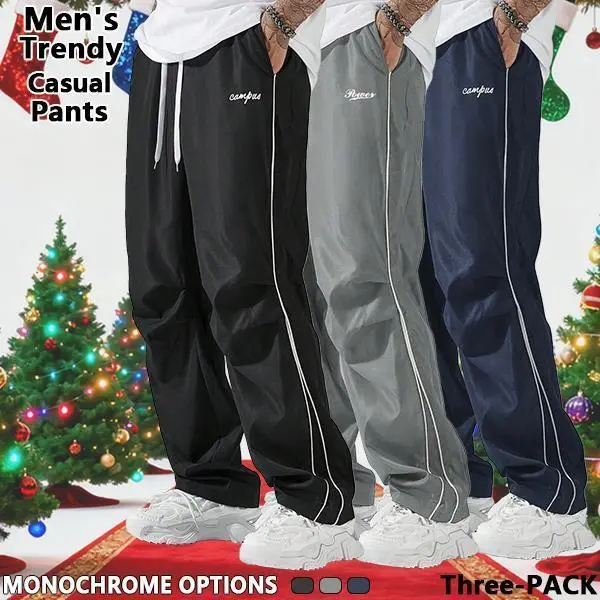 Loose-fitting men's sweatpants with grey side stripes and gold accent stripes. Comfortable design, sports casual style bottoms, sweatpants, fitness wear for all seasons.