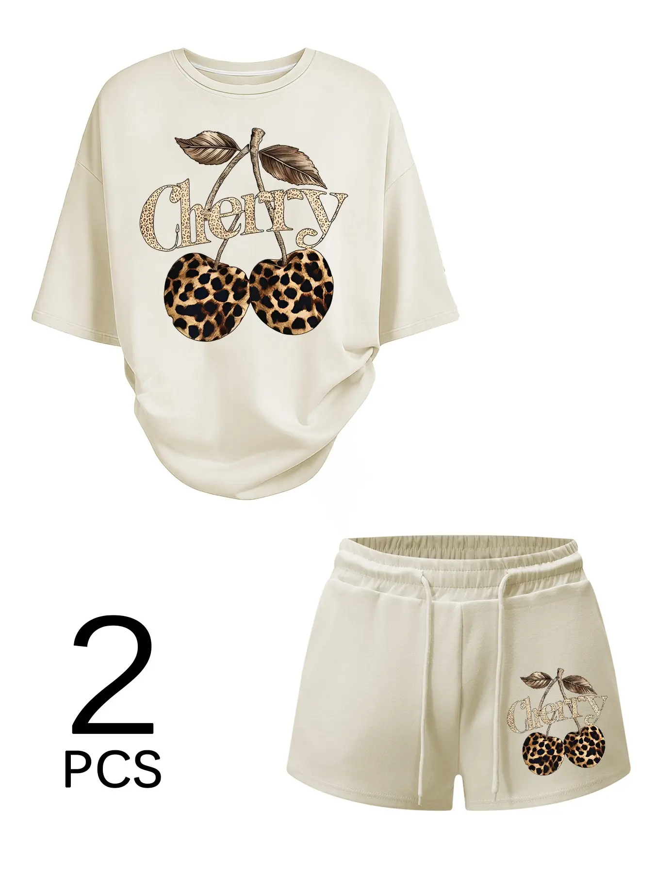Matching leopard cherry print Round Neck T-shirt paired with comfortable drawstring shorts, Soft fabric, casual and stylish summer street style Outfit, Suitable for Everyday Home Wear, eye-catching yet effortlessly cool Lady summer sets