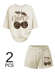 Fashionable leopard cherry print Round Neck T-shirt paired with comfortable drawstring shorts. Soft fabric, casual and stylish summer street style Outfit. Suitable for Everyday Home Wear, eye-catching yet effortlessly cool. #CherryLeopardSet