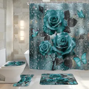 Teal Rose 4Pcs Shower Sets Rain Turquoise Floral Rindrop Set with Rugs and Accessories Lid Rug, and Bath Mat with 12