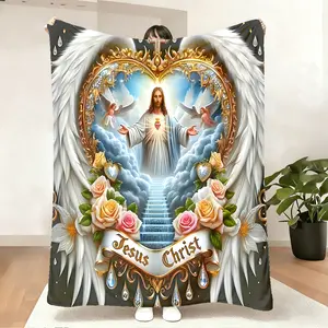 Jesus & Angel Pattern Blanket, Soft Throw Blanket, Inspirational Blanket, Air-conditioned Room Blanket, Warm Nap Blanket for Home Office Travel Camping, Decorative Giftable Blankets