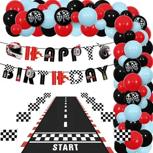 1Set Race Car Birthday Party Decoration Racing Car Happy Birthday Banner Balloon Garland Checked Flags Cake Topper Foil Balloon Racetrack Floor Running Mat for Boy Girl Racing Car Theme Party
