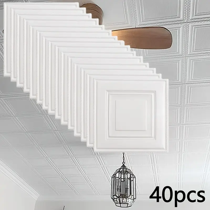 40pcs Self-Adhesive Foam Wallpaper, Waterproof Wall Stickers, Ceiling Background Decor, Thickened Wall Decals, Square Grid Wallpaper