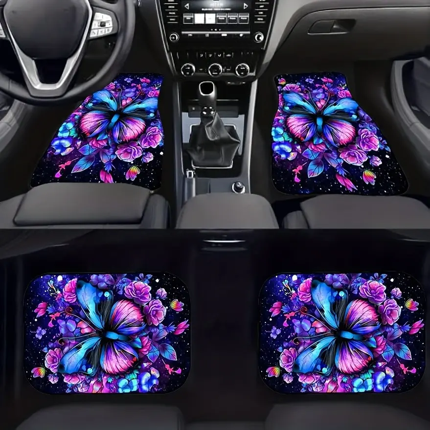 4pcs Universal Car Floor Mats Set, Car Interior Accessory, Butterfly Design, All-Season Vehicle Carpet Protection, Fits Cars, Trucks, Suvs, Perfect Gift, Car Interior Accessories Girls, Floor Mats For Car, Girly Car Accessories