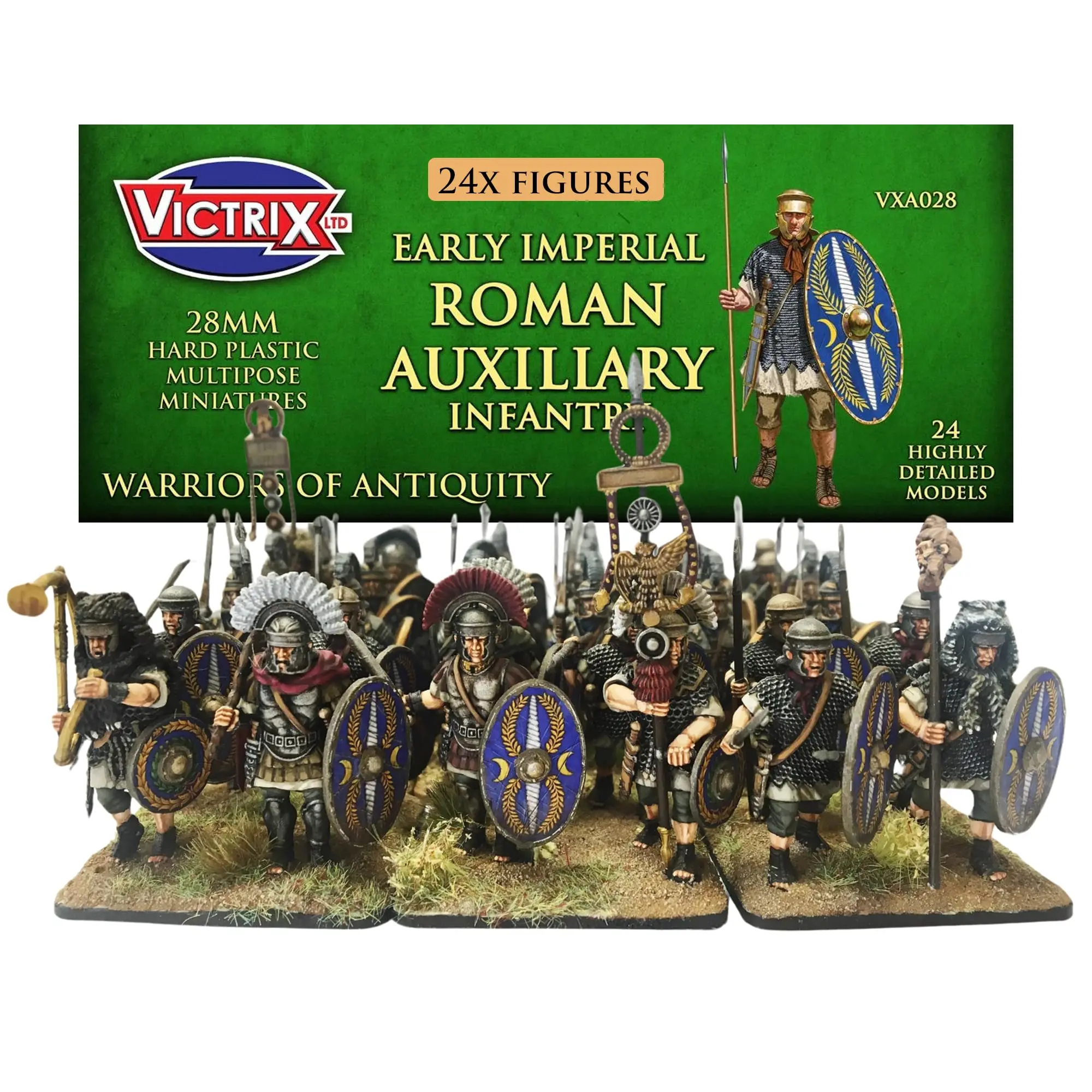 Wargames Delivered Victrix Early Imperial Roman Auxiliary Infantry Set for Wargaming - 24 Detailed 28mm Miniatures with Javelins, Shields & Wolf Heads
