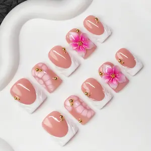 10 pcs Handmade Press on Nails 3D Floral White Tips,Squarenails, Y2K Baddie Style, Nude And White Color with French Tips, Floral Design, Suitable for Women And, Includes Tools
