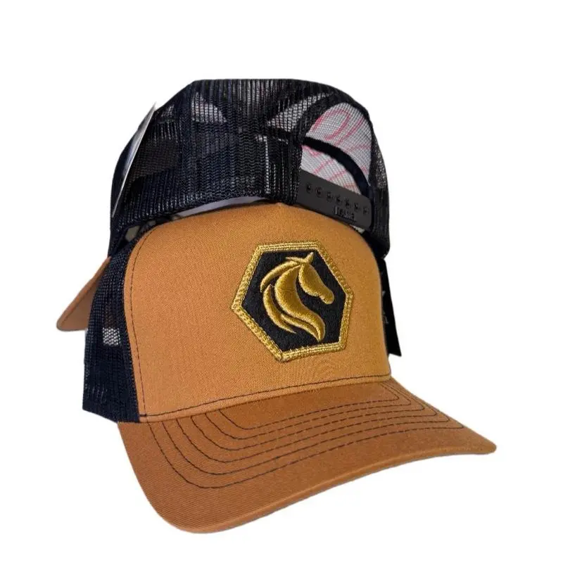 Adults' Adjustable Trucker Style Hat - Custom Horse Design with Gold Horse Hexagon Patch, Breathable Mesh Back, Fashionable Clothing Accessory, Trucker Hat, Mens Hats