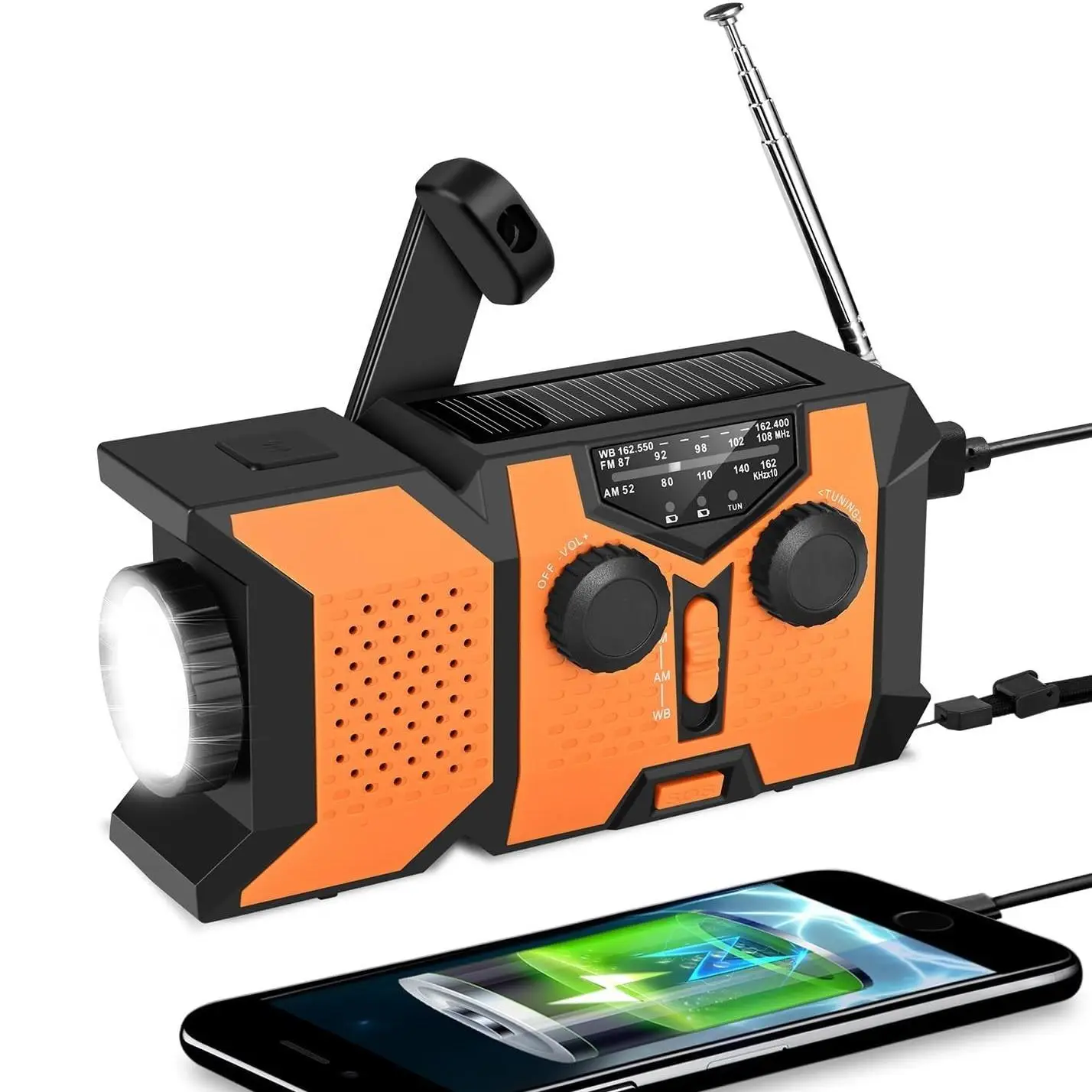 Solar & Hand Crank Radio, 2000mAh Power Bank Smart Phone USB Charger, Portable Self Powered NOAA AM/FM Weather Radio with LED Flashlight