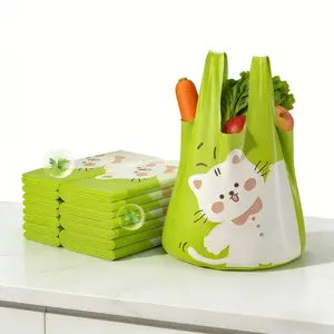 Thickened and durable hand-held mugwort scented leak-proof garbage bags, 50 rolls per pack, 20 liters/5.2 gallons large capacity, 0.1 mil. Suitable for kitchen, garden, and household use. Cartoon cat design, eco-friendly bag.