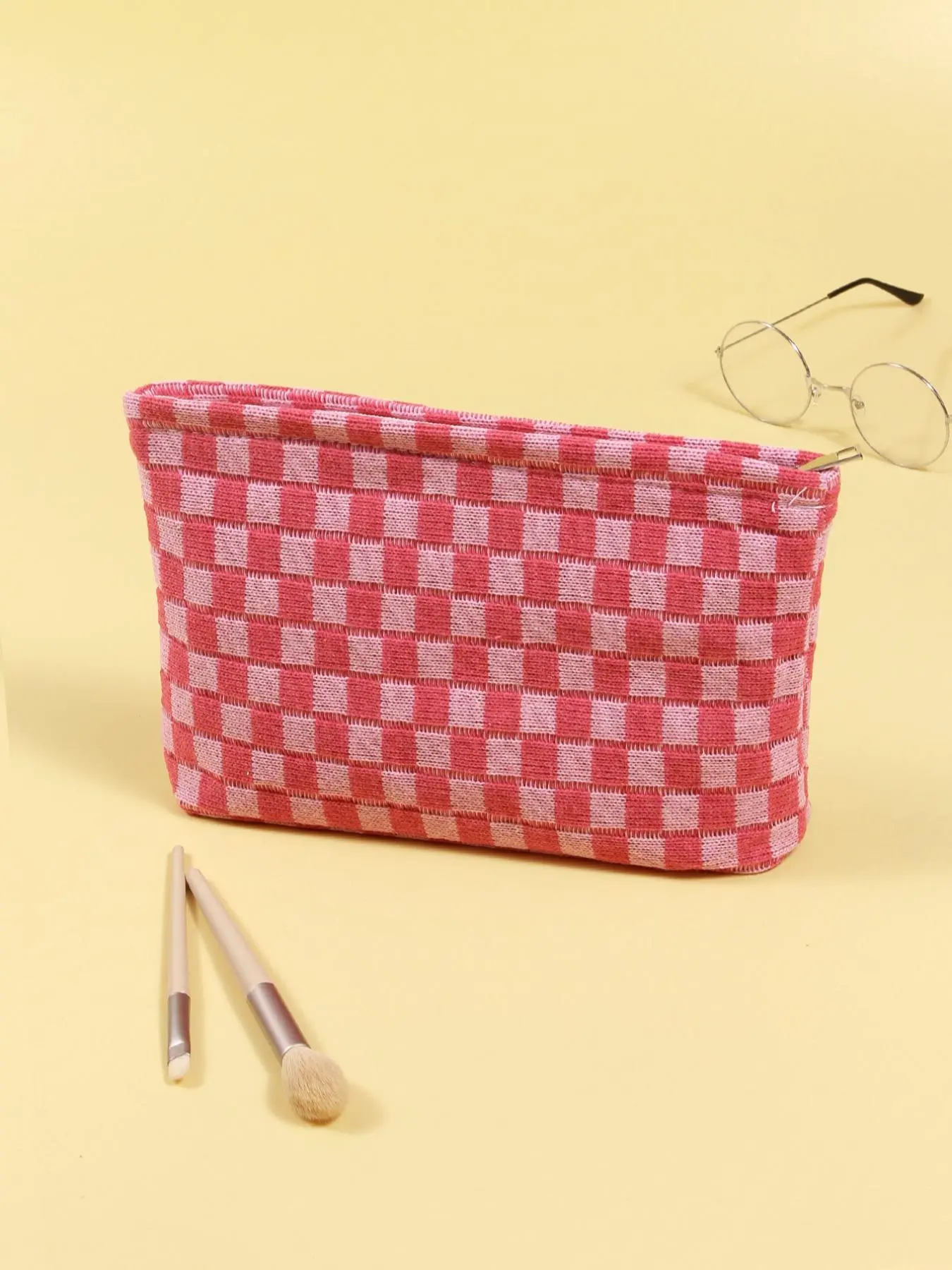 Color Block Checked Pattern Makeup Bag, Large Capacity Pencil Bag, Knitting Storage Bag, Casual Travel Bag, Travel Cosmetic Bag, Makeup Organizer Pouch, Travel Beauty Bag, Travel Essentials, Cosmetic Travel Bags
