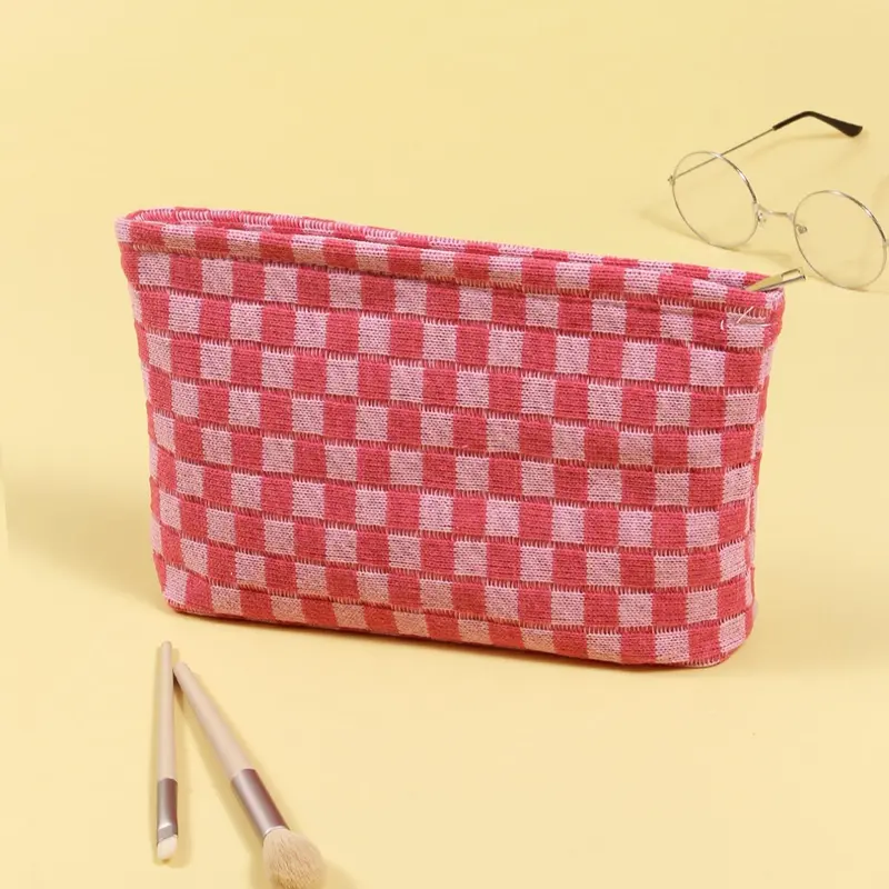 Color Block Checked Pattern Makeup Bag, Large Capacity Pencil Bag, Knitting Storage Bag, Casual Travel Bag, Travel Cosmetic Bag, Makeup Organizer Pouch, Travel Beauty Bag, Travel Essentials, Cosmetic Travel Bags, Cosmetics Bag