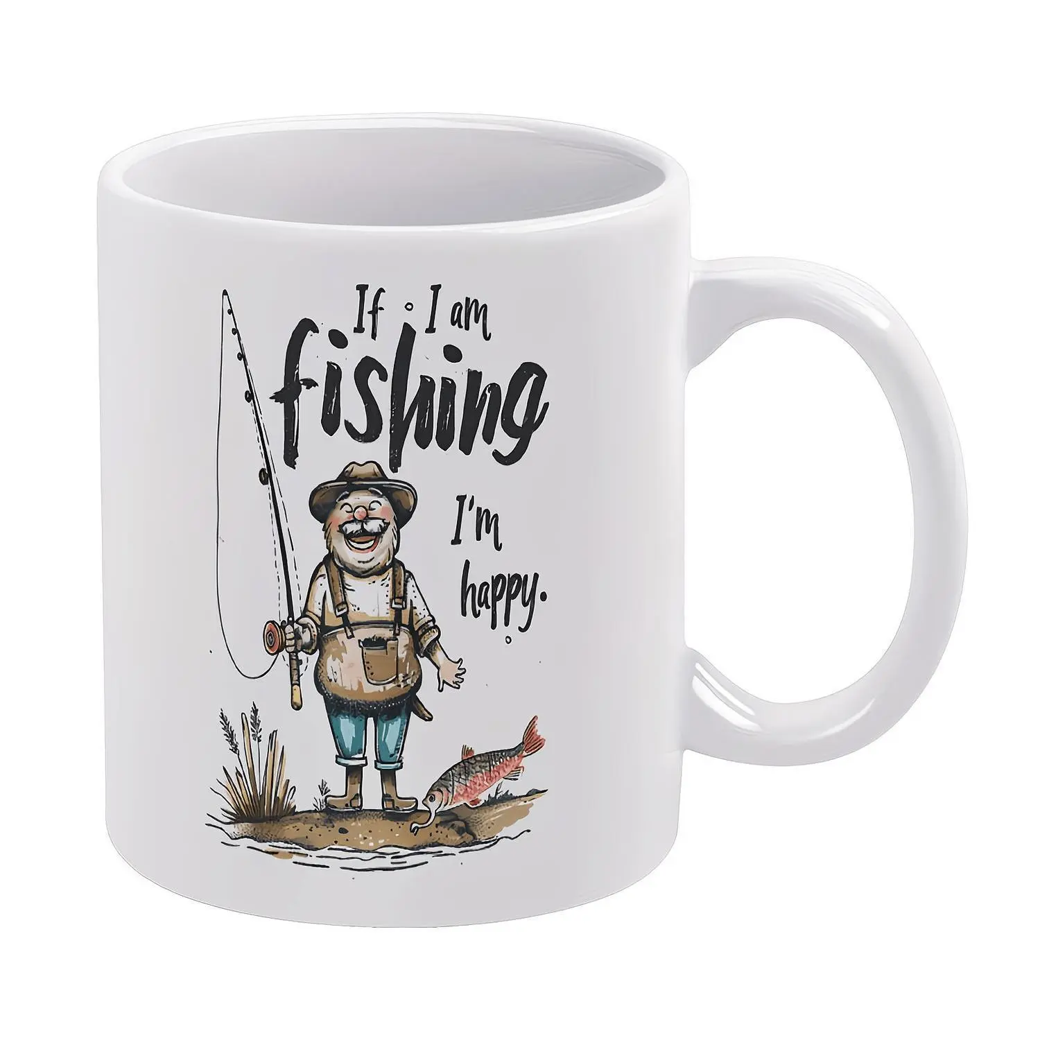 1pc Funny Fishing Ceramic Mug - 11oz White Coffee Cup with "If I'm Fishing I'm Happy" Design, Dishwasher & Microwave Safe, Ceramic, Perfect Gift for Anglers, Birthdays, Holidays, Office or Home Use, Fishing Gift