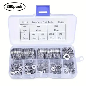 360pcs Stainless Steel Flat Washers Kit, Includes M2-M10 Sizes, Ideal for Home Decoration, Factory Repair, Kitchen, Shop & Outdoor Construction