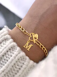 Women's Initial Heart Buckle Stainless Steel Cuban Chain Bracelet, Casual Style, All Seasons Jewelry Accessory, Personalized Jewelry