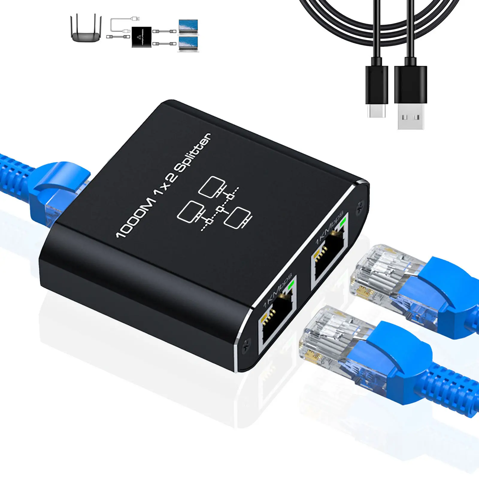 Gigabit Ethernet Splitter 1 to 2, RJ45 Internet Splitter for Cat 8/7/6/5e/5 2 Devices Networked Simultaneously ,1000 Mbps Dual-Port network Splitter with USB Power Cable,Aluminum Case, for Routers