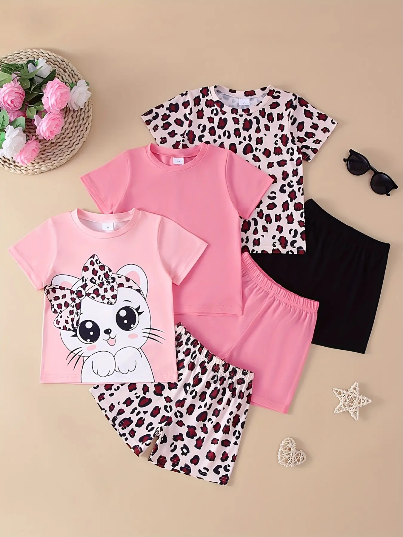 6-Piece Girls' Casual Set, Cute Cat Leopard Print Solid Color Soft Comfortable Knit Fabric Short Sleeve T-Shirt and Shorts Set, Summer Clothes Set, Knitted Set, Cute Clothing Set