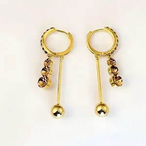 Brown Rhinestone Hoop Earrings 14K Gold Plated Drop Earrings Bar and Ball Dangle Earrings Sparkling Crystal Statement Jewelry for Women, Chic Gift Idea DZEH4204