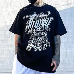 Mens T-Shirt West Coast Chicano Lettering Tattoo Gangsta Style Oversize Graffiti