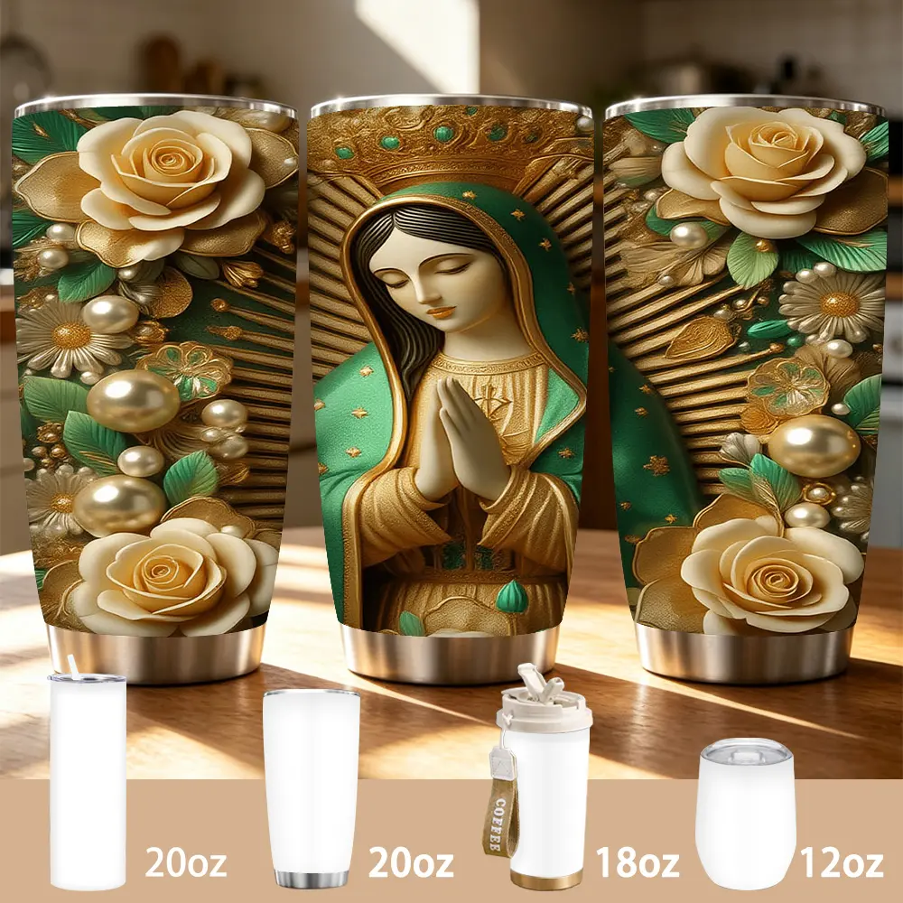 Golden Ornate Religious Statue with Praying Figure and Floral Design Tumbler, 12/18/20oz Multi-Size Stainless Steel Insulated Cup, Our Lady of Guadalupe with Golden Roses & Pearls Art Travel Mug, Keeps Cold/Hot for Hours, Ideal Daily Use & Spiritual Gift
