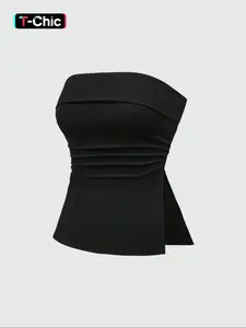 Women's Urban Leopard Print Open-Slit Casual Strapless Knit Top, Stylish Elegant Summer Fashion for Everyday Wear, Trendy Ladies Apparel