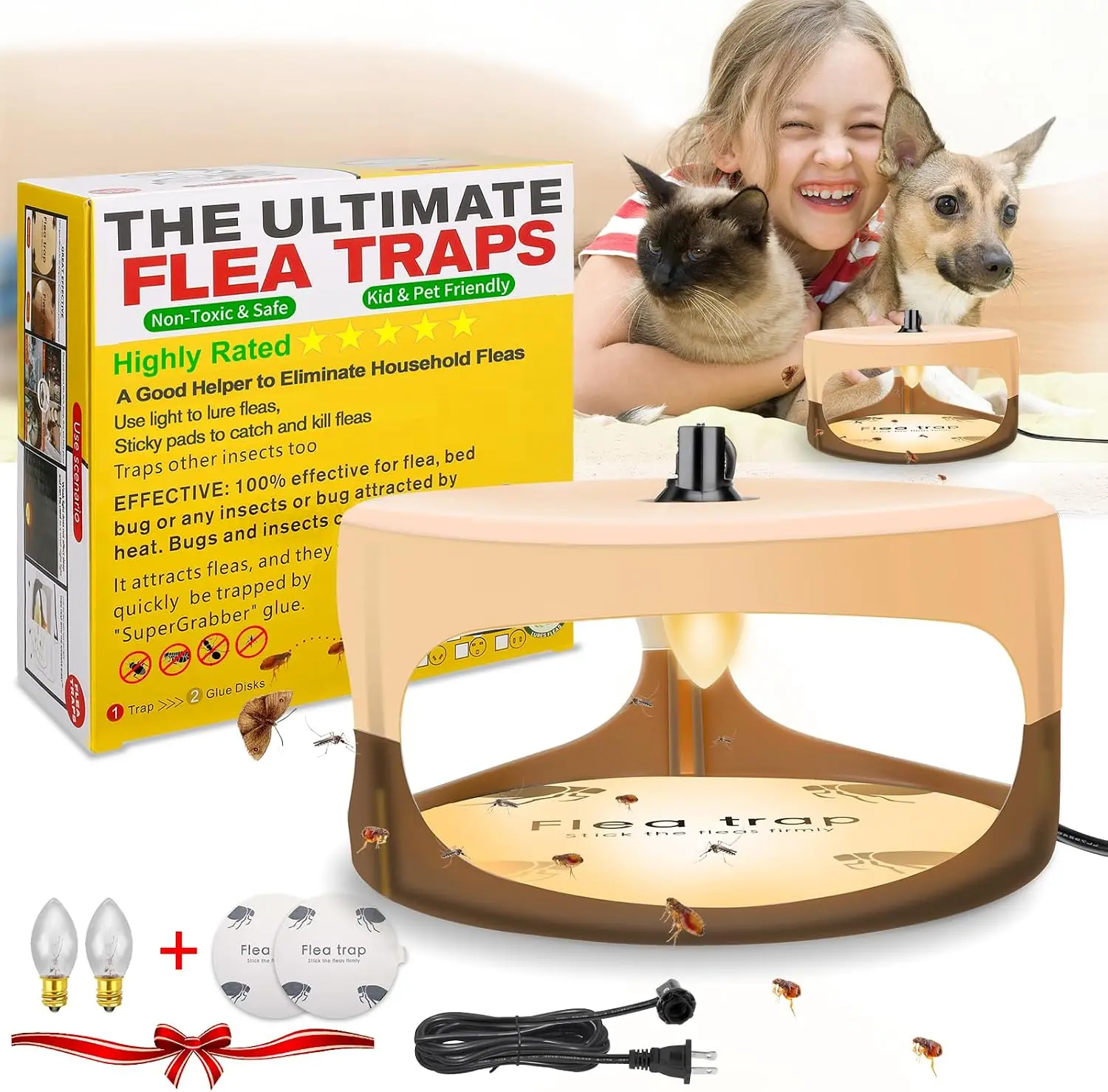 2-Pack Indoor Flea Trap – New Bed Bug/Flea Trap & Electronic Flying Insect/Gnat Trap – Household Sticky Flea Catcher; Uses Warm Light and Adhesive Pads to Monitor Flea Activity Near Sofas, Carpets, Pet Beds, Bedrooms, and Garages