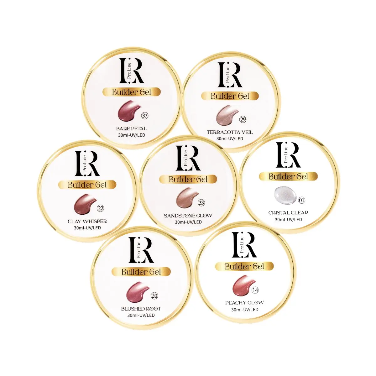 LR Pro Line Natural Collection Builder Gel Multi-Pack Nail Supplies Set - 7x30ml, Peach, Nail Art, Flawless
