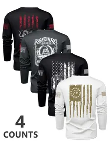 Men's Flag Series Round Neck Long Sleeve T-Shirt Set, Casual Outdoor Sportswear, Athletic Sports Clothing, Spring & Fall Fitted H-Type Print Tee
