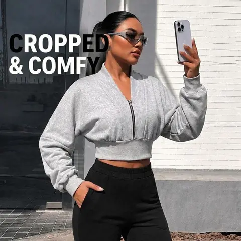 EL Elengatine Women's Polyester Cropped Zip-Up Sweatshirt - Long Sleeve Oversized Batwing Jacket, Ribbed Wide Waistband, Soft Lightweight Athletic Streetwear, Fits Everyday Style Cropped Outerwears for Fall & Workout