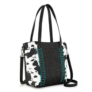 Montana West Tooled Cow Print Tote/Crossbody - Black with Green Accent bags womens