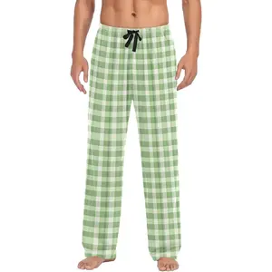 Light Green Checkered Mens Pajama Pants with Pockets, Lounge Pants for Men, Soft Lightweight Men's Sleep Pants