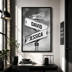 Personalized Vintage Street Sign Canvas for Couples Custom Name Date Crossroad Wall Art Wedding Anniversary Valentine’s Day Christmas Custom Poster Glossy Hand Stretched Ornaments Room Decoration