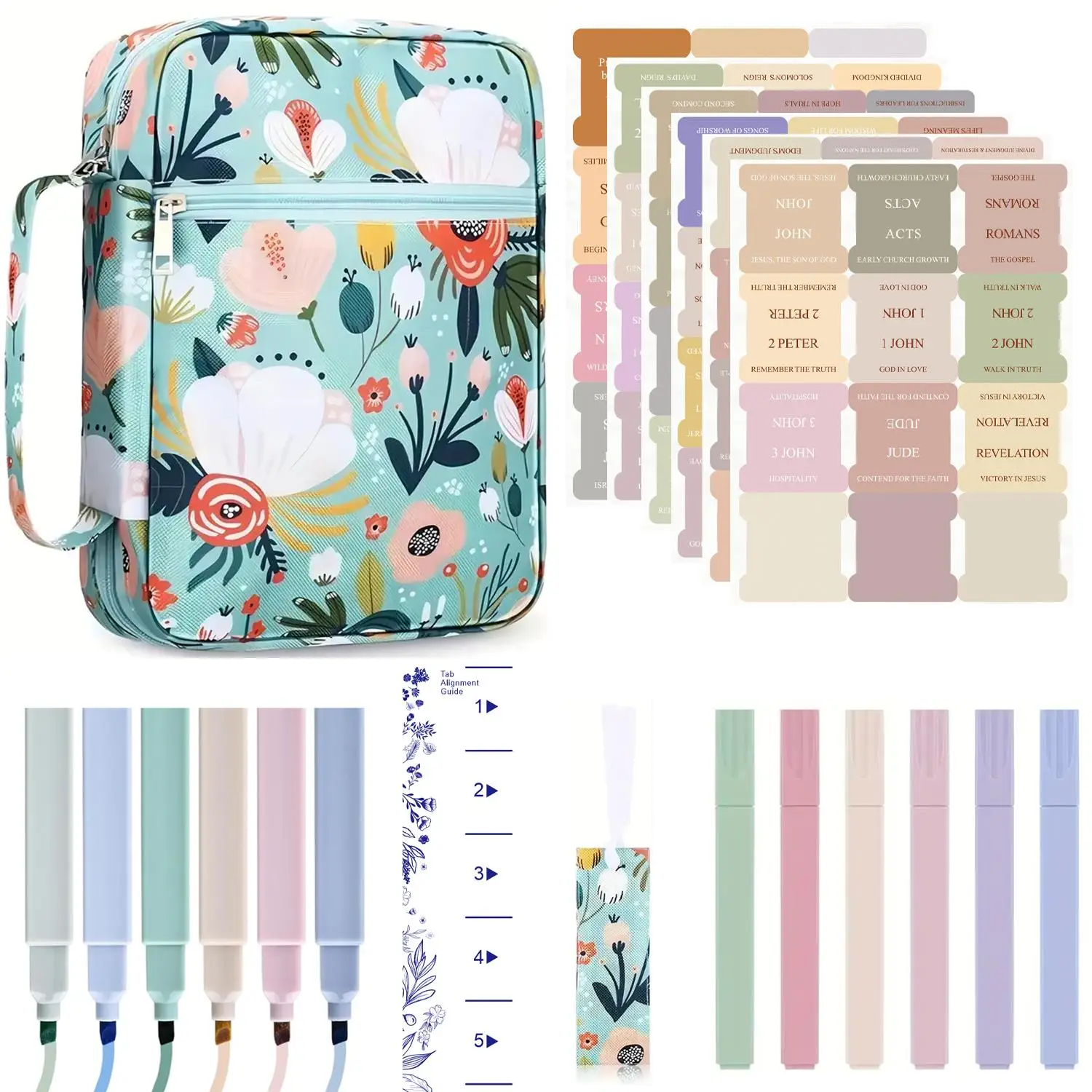 Floral Pattern Bible Cover Case Set, 15pcs/set Contains 1 Book Case & 6 Pens & 1 Alignment Guide & 1 Bookmark & 6 Sheets Tabs, Stationery Supplies, P