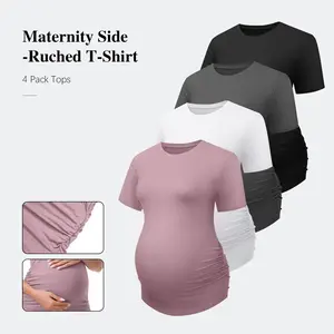 4 Packs Women's Maternity Tops Side Ruched Tunic T-Shirt Pregnancy Clothes