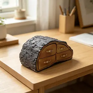 1pc Wood Look Resin Jewelry Organizer Box, Rustic Natural Forest Style, 4 Independent Pull-Out Drawers, 3D Tree Bark Texture, Dustproof Scratch-Resistant Storage for Earrings Rings Necklaces, Ideal for Vanity Desk Bedroom, Gift for Women Jewelry Lovers