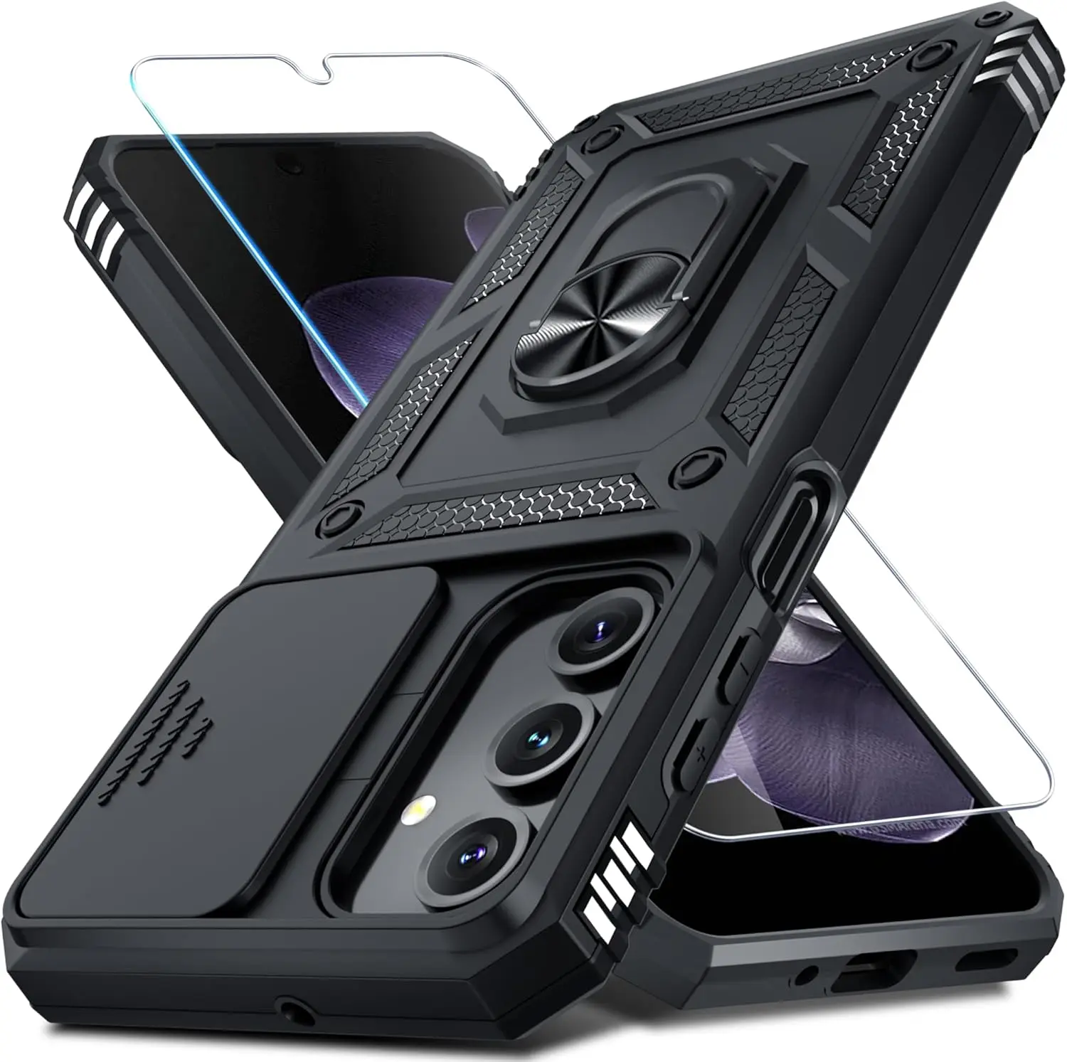Samsung Galaxy A16 A17 A37 A57 5G Case, Full Body Heavy Duty Shockproof Phone Cover with Built-in Slide Camera Lens Protector, Screen Protector and Finger Ring Holder Kickstand, Rugged Protective Case for Galaxy A Series, Accessories, Cellphone