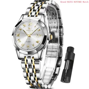 Brand OLEVS Gold Sliver Watches For Women Fashion White Dial Womens Watches Sliver Stainless Steel Watches Women Day Date Watches Waterproof Ladies Watches Roman Numerals Watches Relojes Para Mujer
