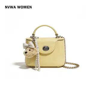 The Pastel Bear Box Bag - Cute Butter Yellow Mini Crossbody Purse with Plush Teddy Charm and Chain Strap for Spring Picnic